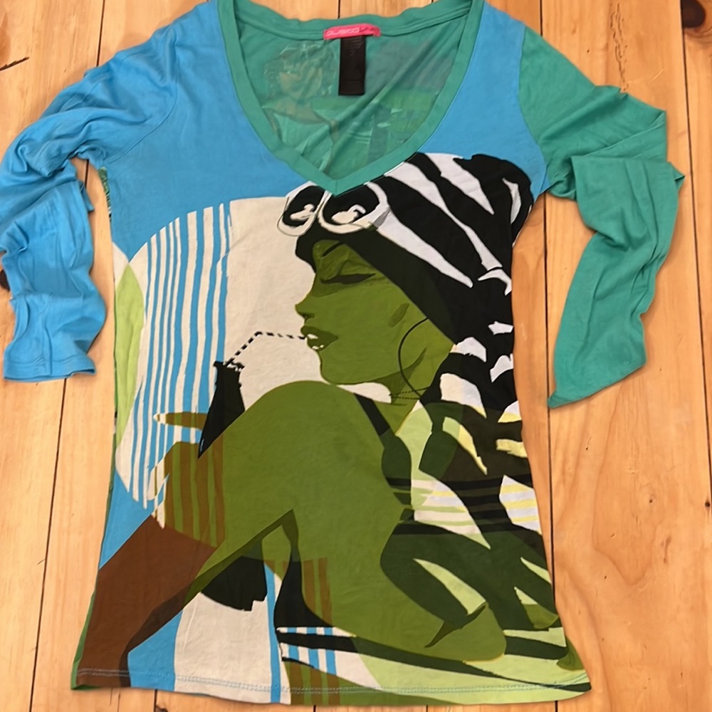 Custo Barcelona Teal and Green Graphic Long Sleeve Tee